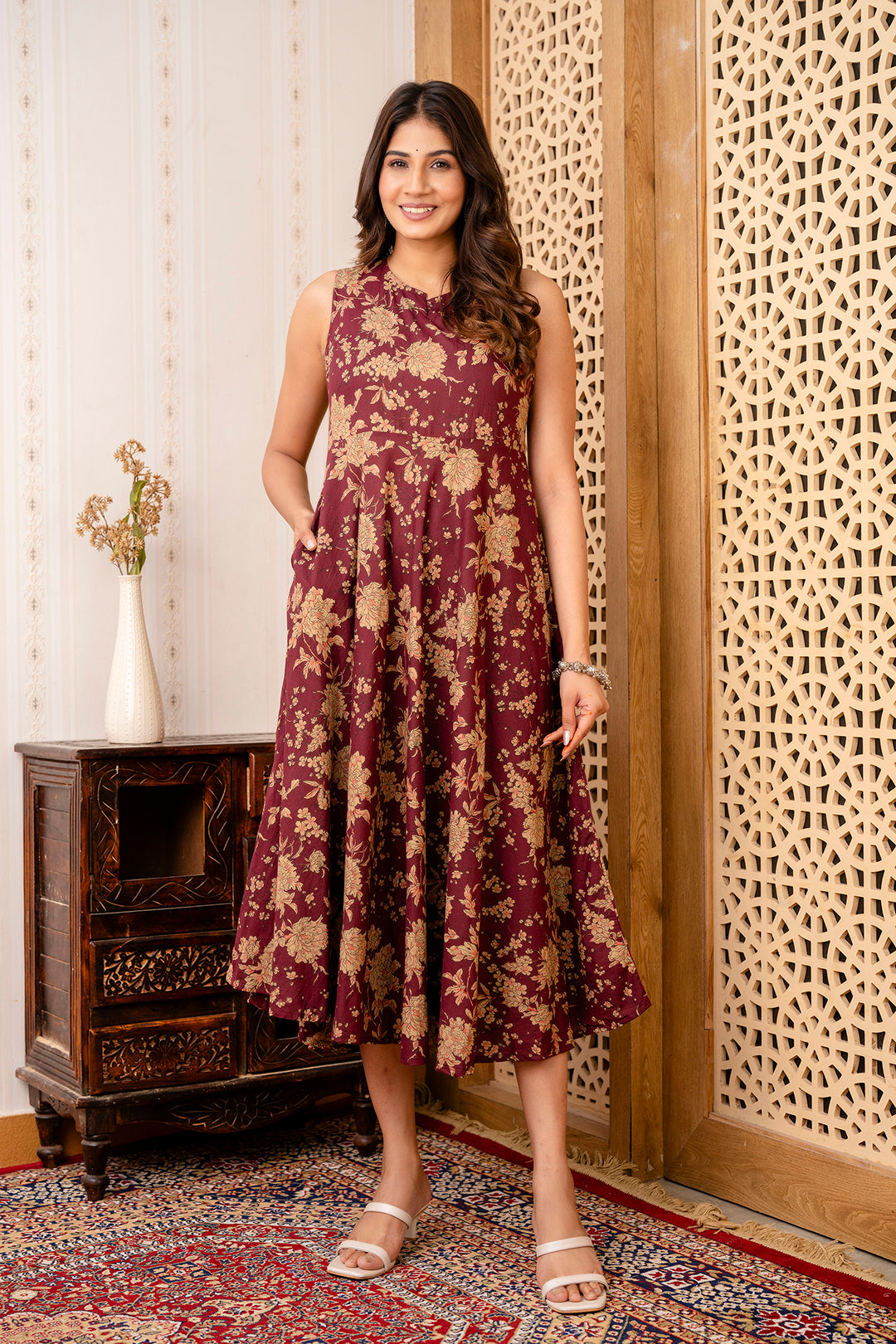 Burgundy Ethnic Printed Flared Sleeveless Dress | LASVINI - Redefining Indian Fashion with Elegance