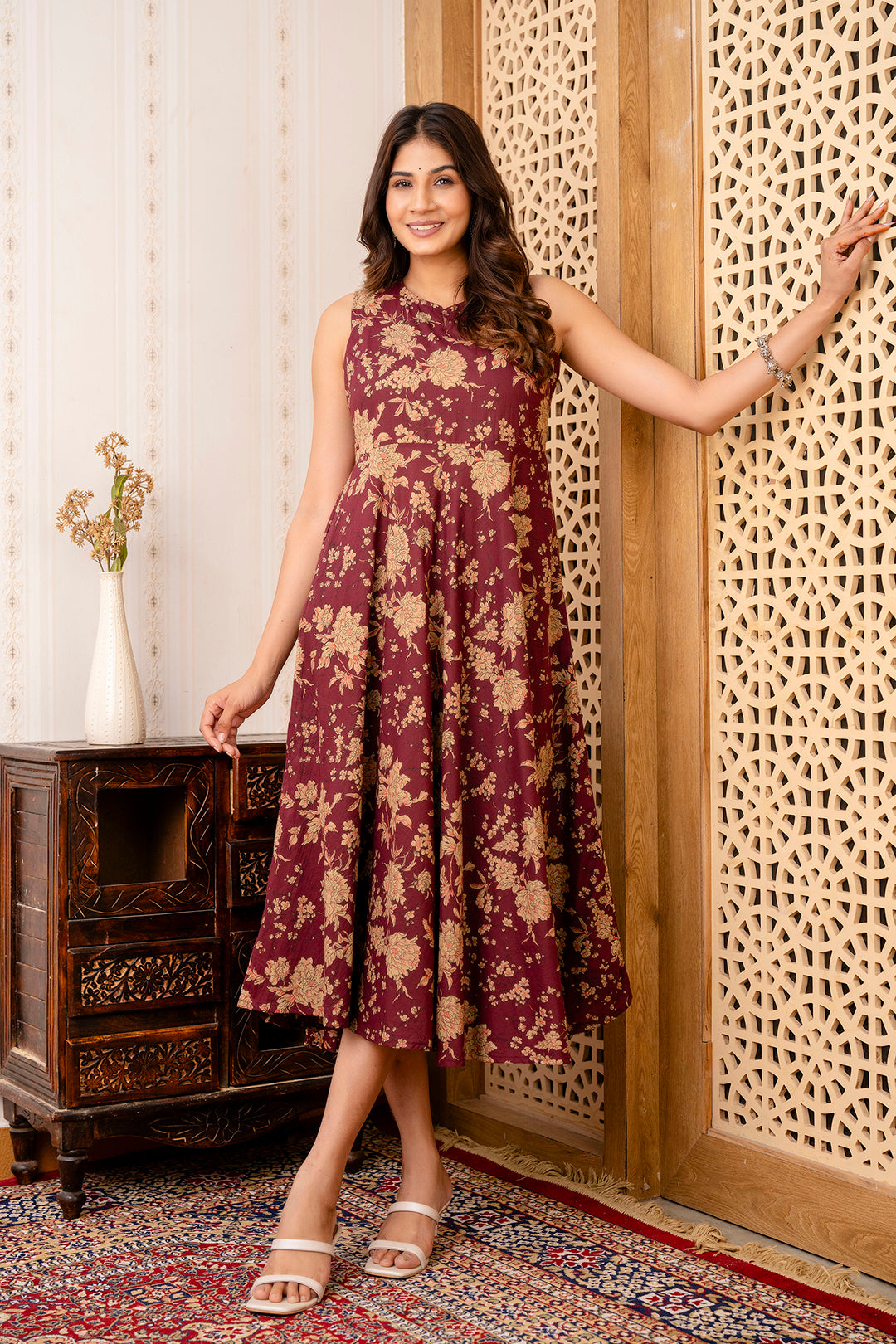 Burgundy Ethnic Printed Flared Sleeveless Dress | LASVINI - Redefining Indian Fashion with Elegance