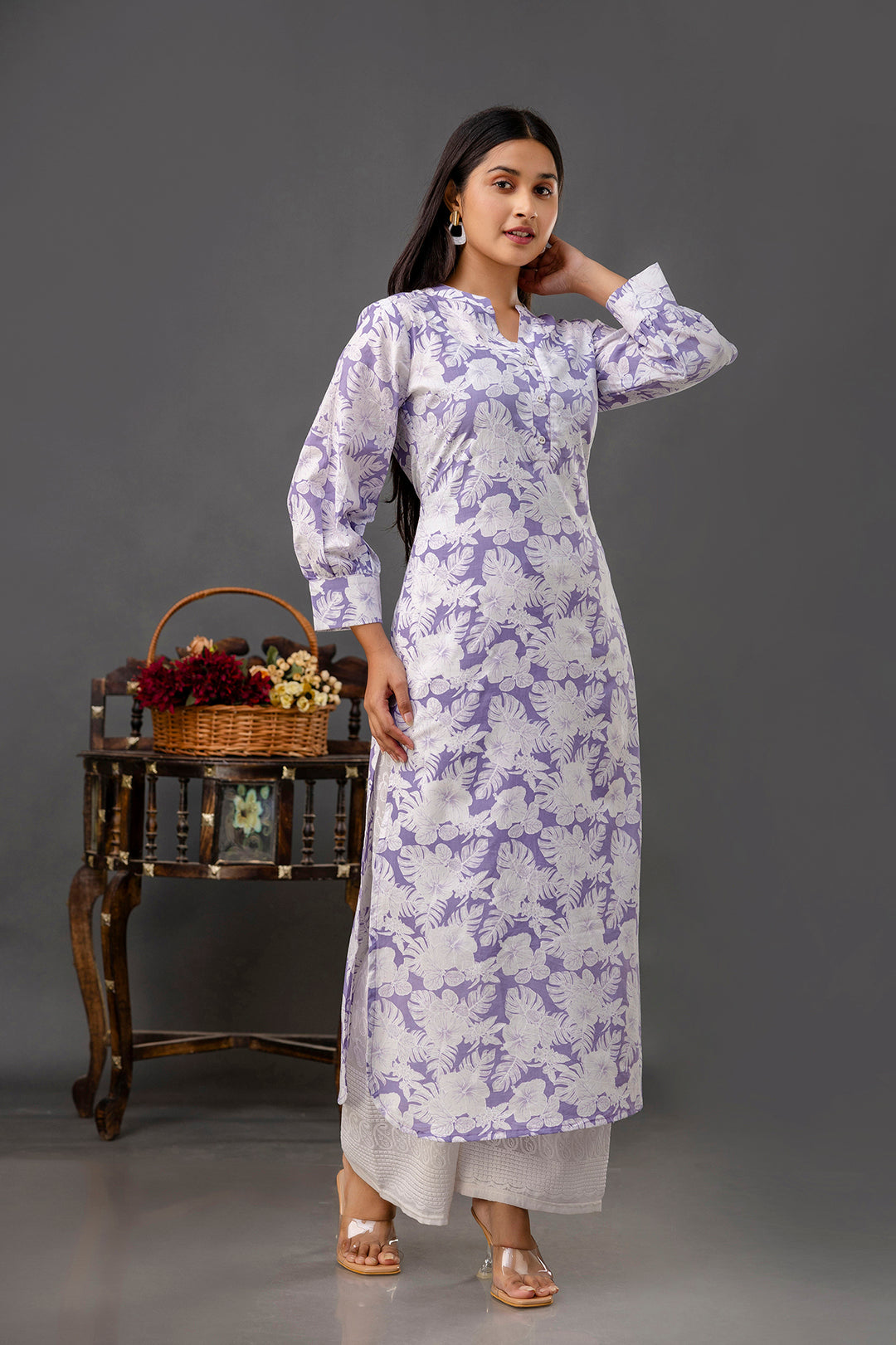 Purple Printed Straight Kurta With Three Quarter Sleeves | LASVINI - Redefining Indian Fashion with Elegance