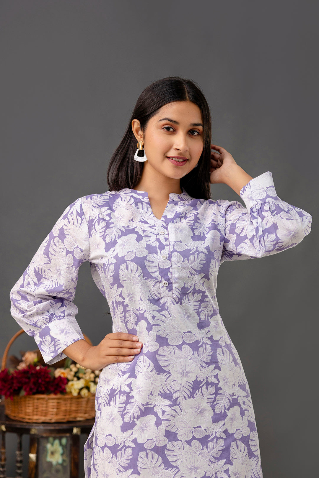 Purple Printed Straight Kurta With Three Quarter Sleeves | LASVINI - Redefining Indian Fashion with Elegance