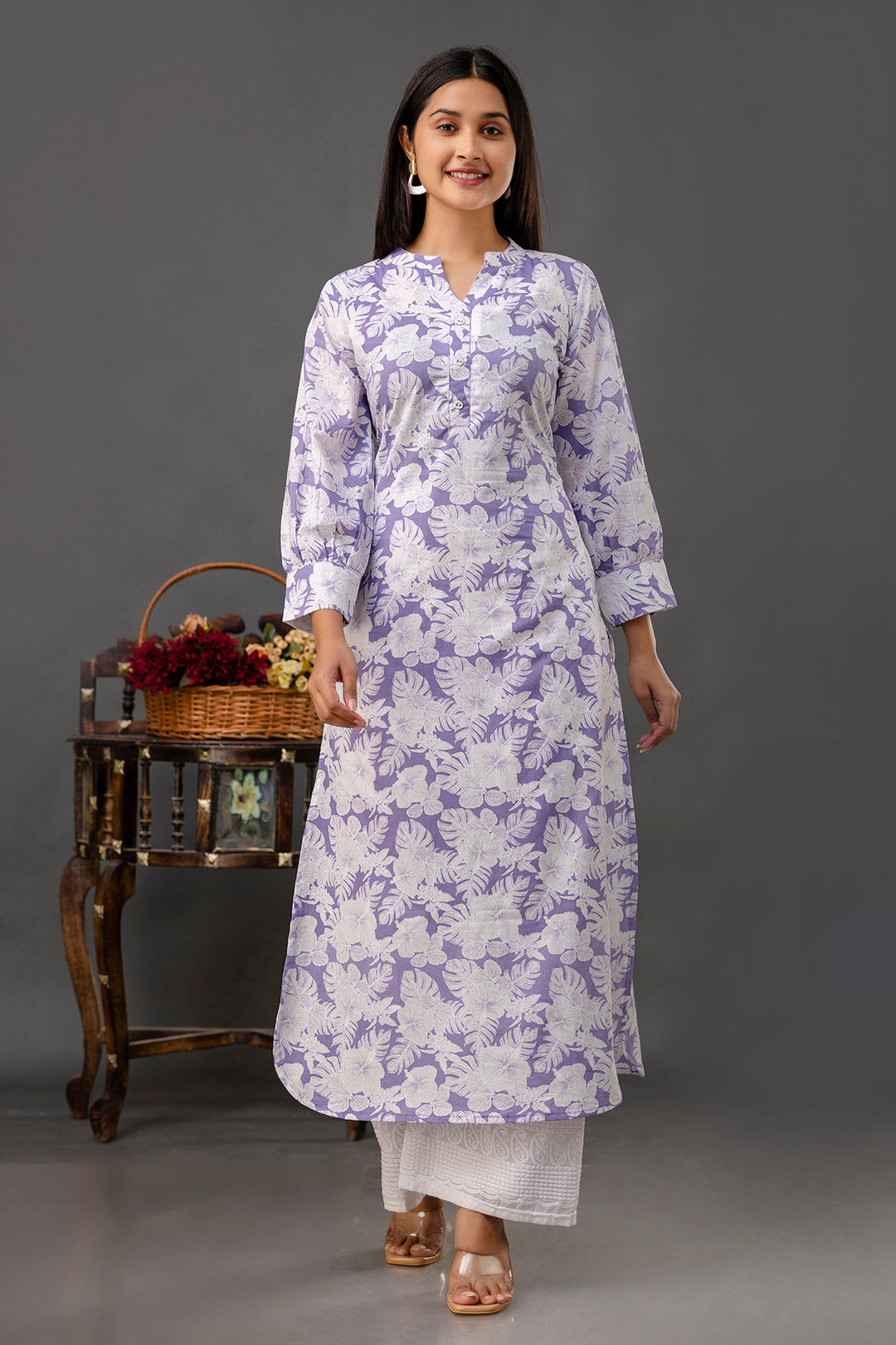 Purple Printed Straight Kurta With Three Quarter Sleeves | LASVINI - Redefining Indian Fashion with Elegance