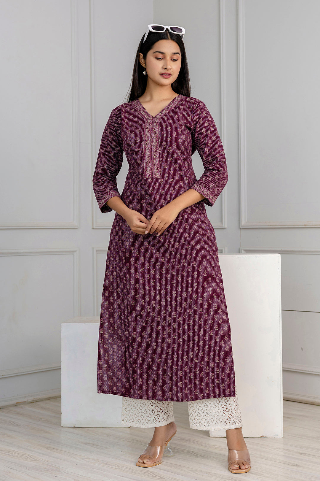 Burgundy Printed Straight Kurta With Three Quarter Sleeves | LASVINI - Redefining Indian Fashion with Elegance