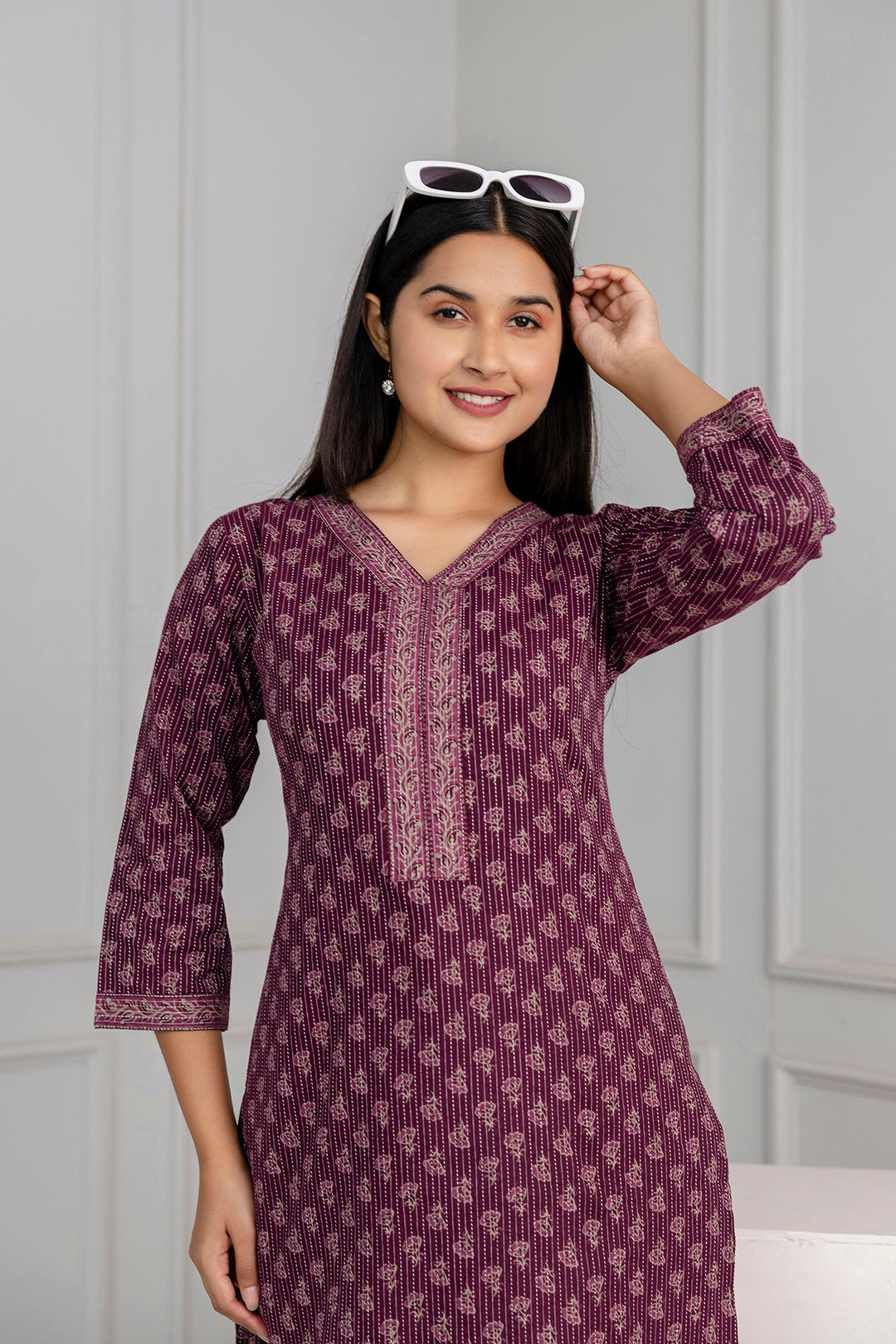 Burgundy Printed Straight Kurta With Three Quarter Sleeves | LASVINI - Redefining Indian Fashion with Elegance