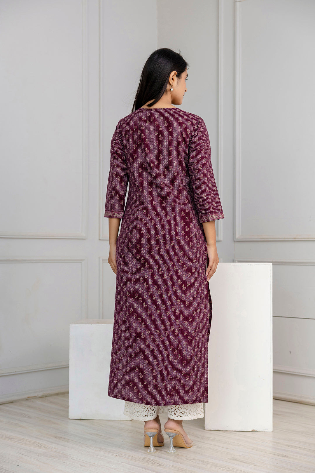 Burgundy Printed Straight Kurta With Three Quarter Sleeves | LASVINI - Redefining Indian Fashion with Elegance