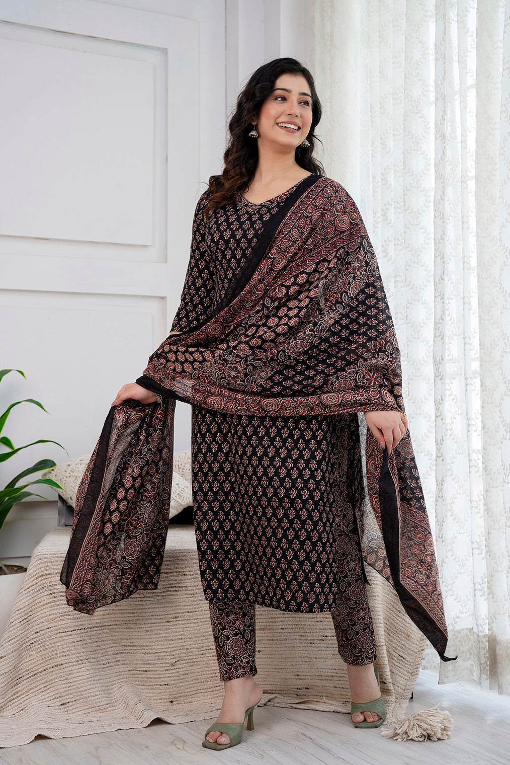 Black Printed Straight Kurta and Trouser With Dupatta | LASVINI - Redefining Indian Fashion with Elegance