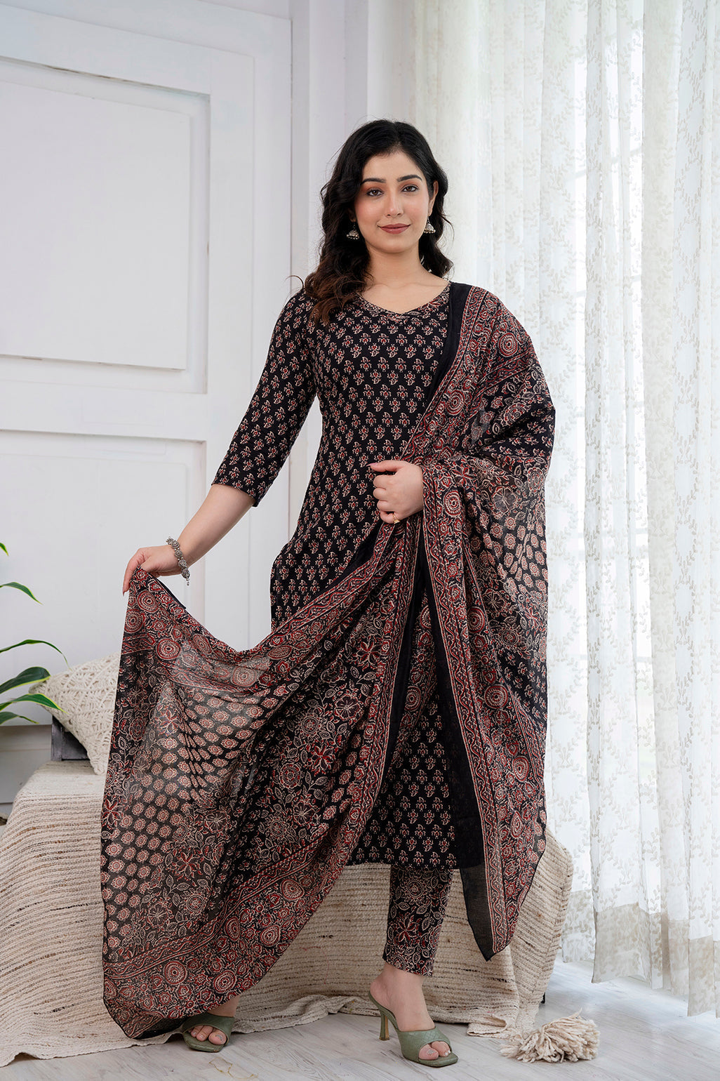 Black Printed Straight Kurta and Trouser With Dupatta | LASVINI - Redefining Indian Fashion with Elegance