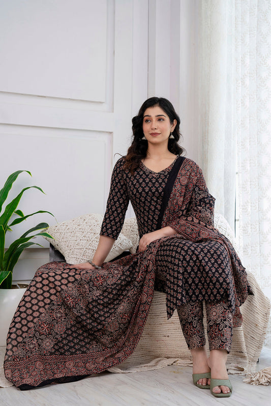 Black Printed Straight Kurta and Trouser With Dupatta | LASVINI - Redefining Indian Fashion with Elegance