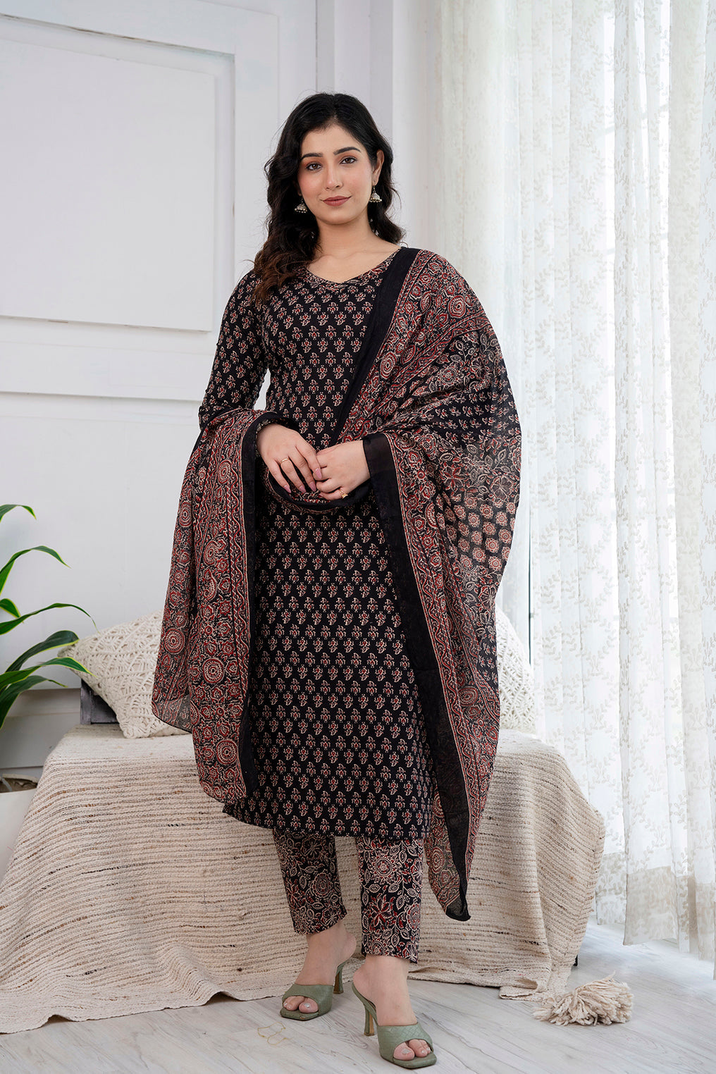 Black Printed Straight Kurta and Trouser With Dupatta | LASVINI - Redefining Indian Fashion with Elegance