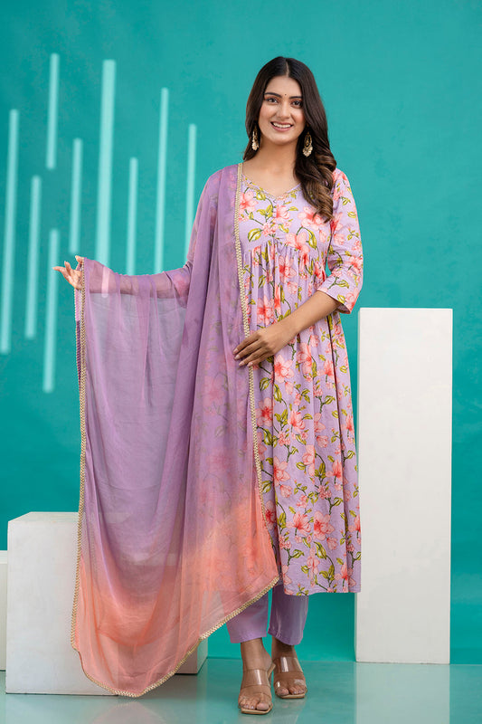 Lavender Printed Anarkali Kurta Set With Dupatta For Women | LASVINI - Redefining Indian Fashion with Elegance