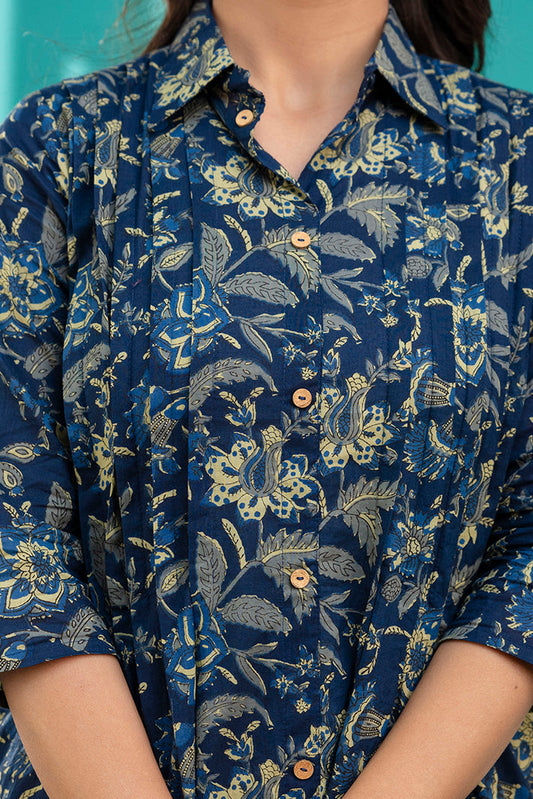 Women Blue Printed Flared Dress With Three quarter Sleeves | LASVINI - Redefining Indian Fashion with Elegance