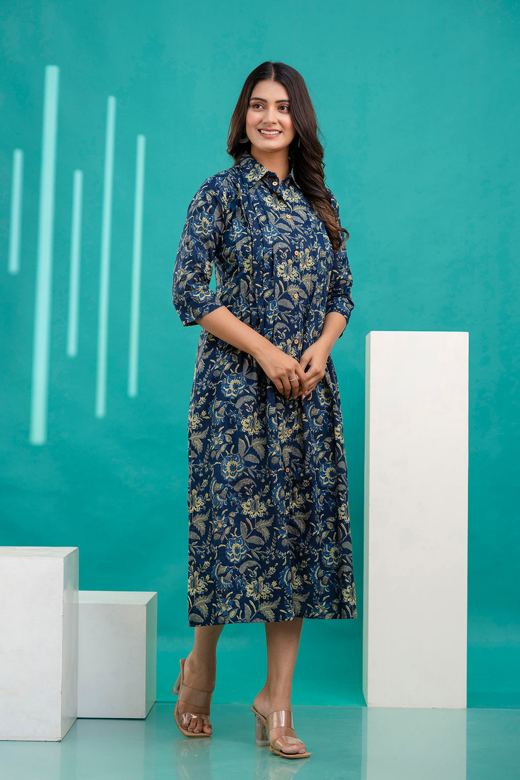 Women Blue Printed Flared Dress With Three quarter Sleeves | LASVINI - Redefining Indian Fashion with Elegance