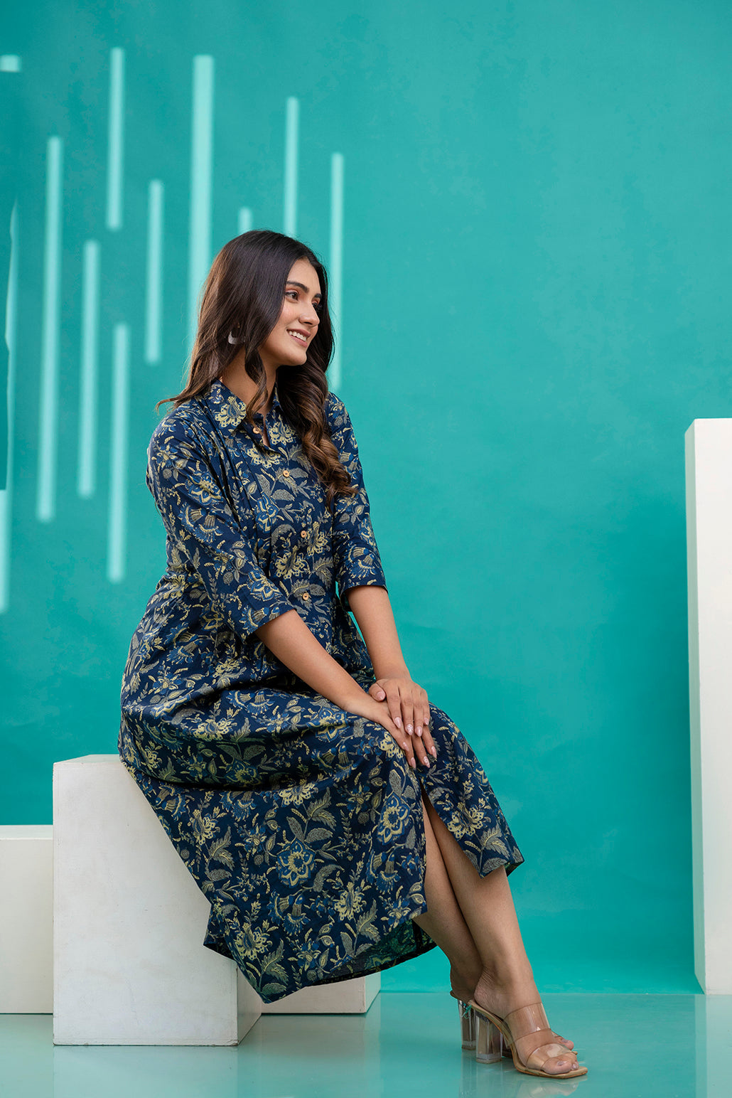 Women Blue Printed Flared Dress With Three quarter Sleeves | LASVINI - Redefining Indian Fashion with Elegance