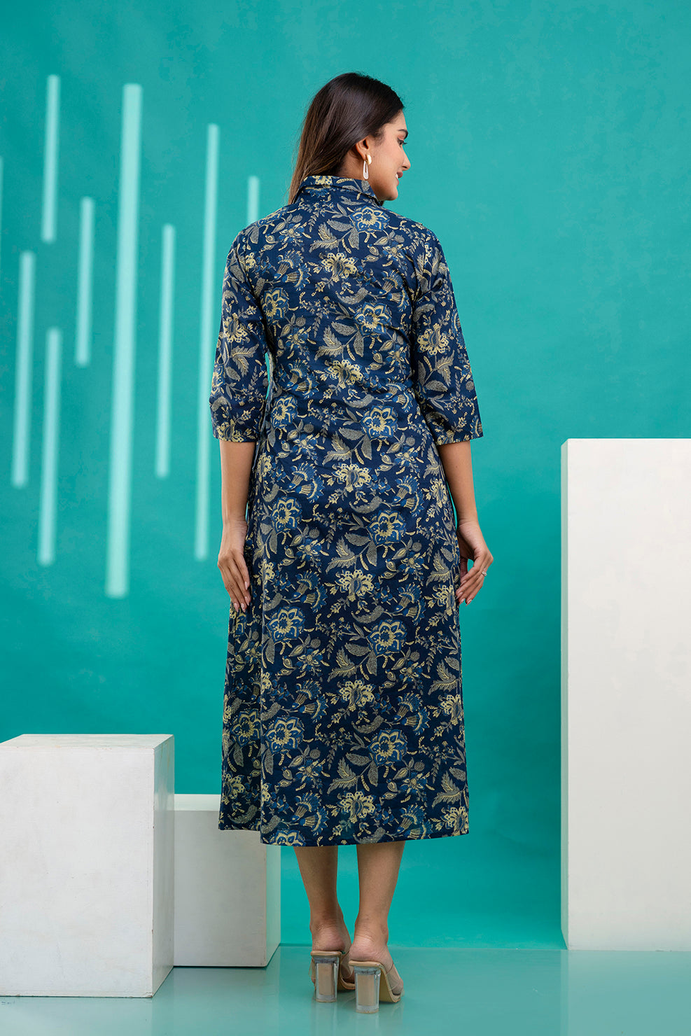 Women Blue Printed Flared Dress With Three quarter Sleeves | LASVINI - Redefining Indian Fashion with Elegance