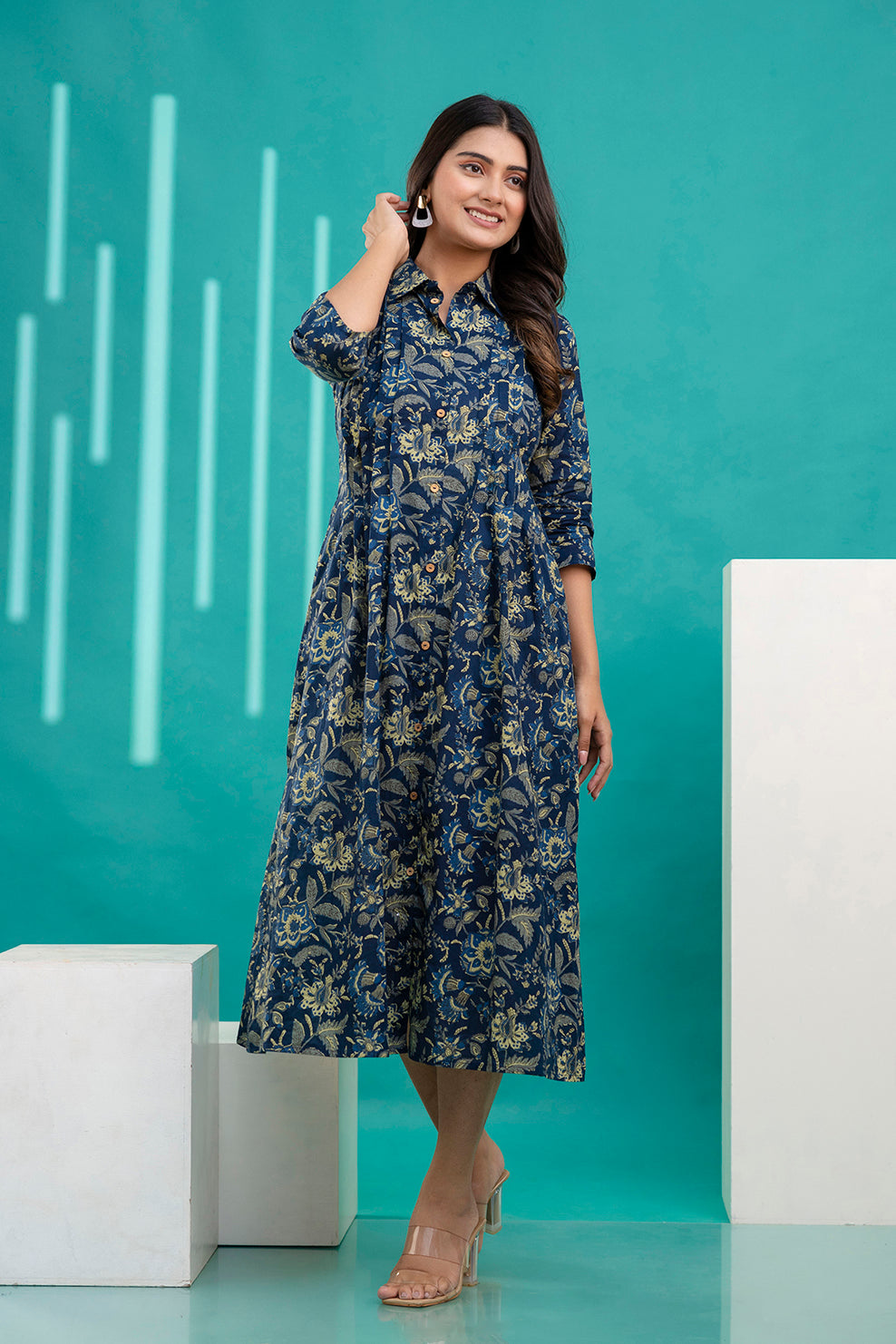 Women Blue Printed Flared Dress With Three quarter Sleeves | LASVINI - Redefining Indian Fashion with Elegance