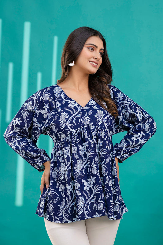 Women Navy Blue Printed V-Neck Peplum Tunic | LASVINI - Redefining Indian Fashion with Elegance