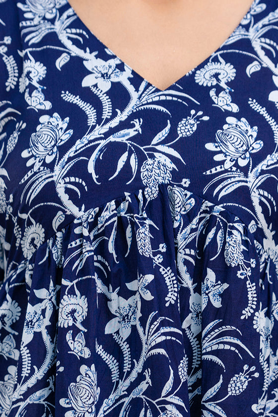 Women Navy Blue Printed V-Neck Peplum Tunic | LASVINI - Redefining Indian Fashion with Elegance
