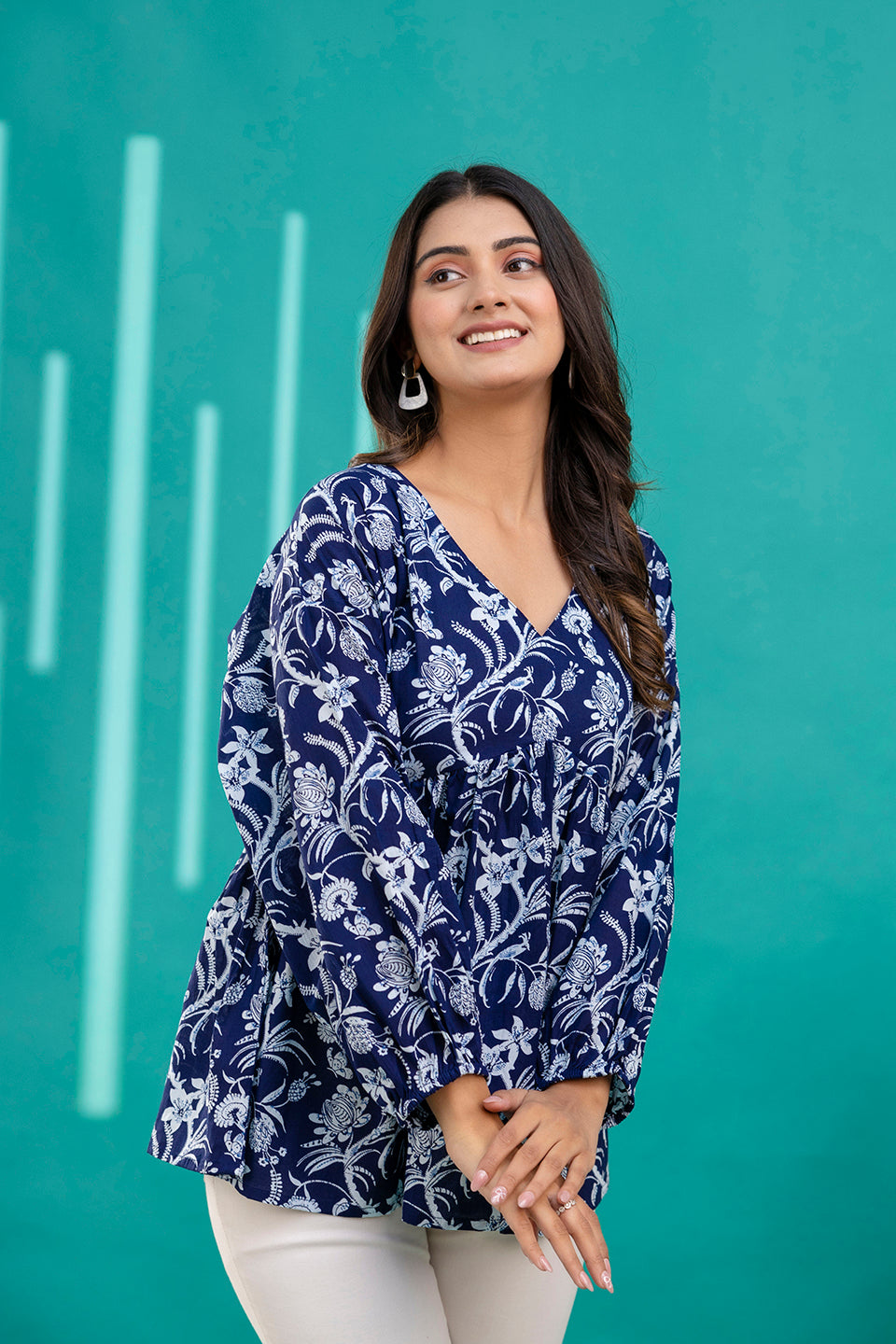 Women Navy Blue Printed V-Neck Peplum Tunic | LASVINI - Redefining Indian Fashion with Elegance