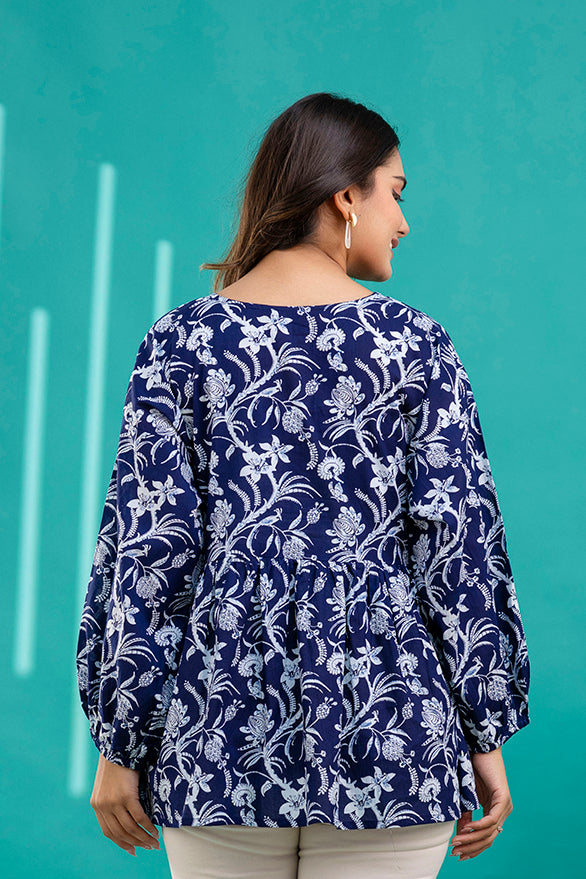 Women Navy Blue Printed V-Neck Peplum Tunic | LASVINI - Redefining Indian Fashion with Elegance