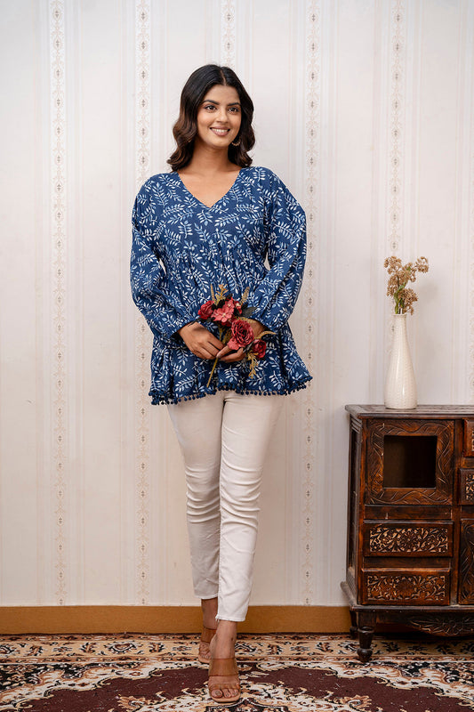 Women Navy Blue Printed V-Neck Peplum Tunic | LASVINI - Redefining Indian Fashion with Elegance