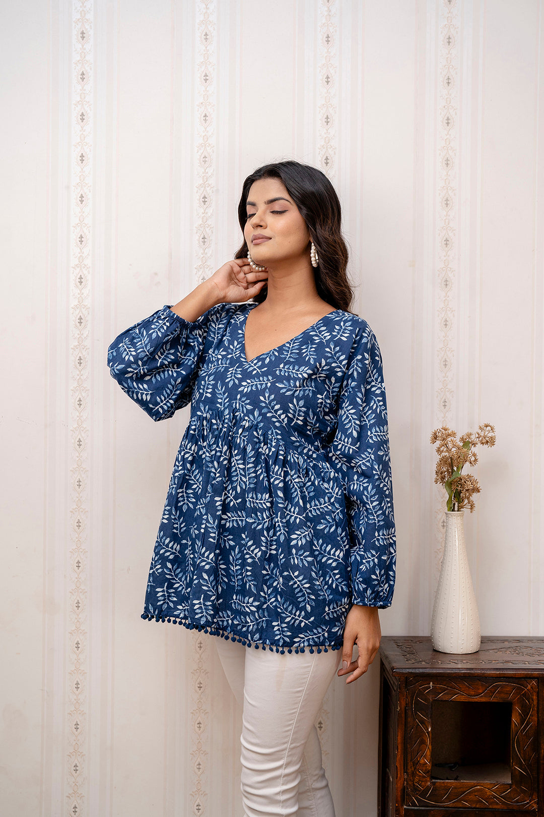 Women Navy Blue Printed V-Neck Peplum Tunic | LASVINI - Redefining Indian Fashion with Elegance