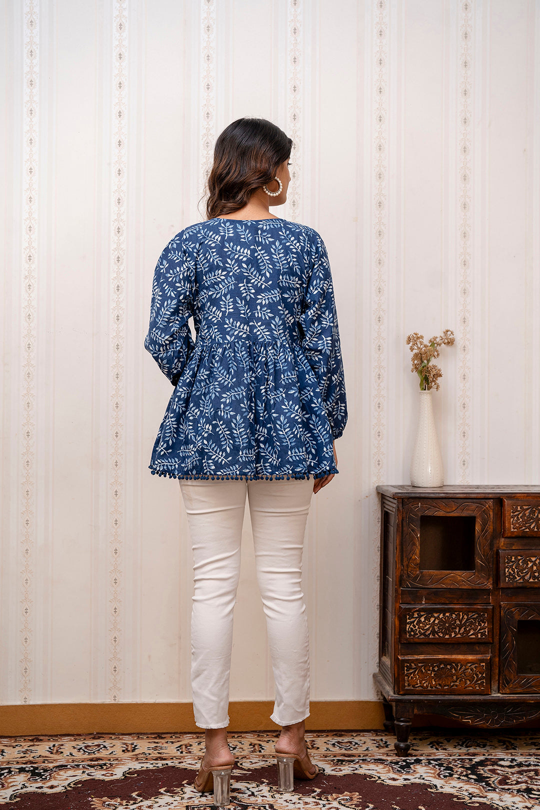 Women Navy Blue Printed V-Neck Peplum Tunic | LASVINI - Redefining Indian Fashion with Elegance