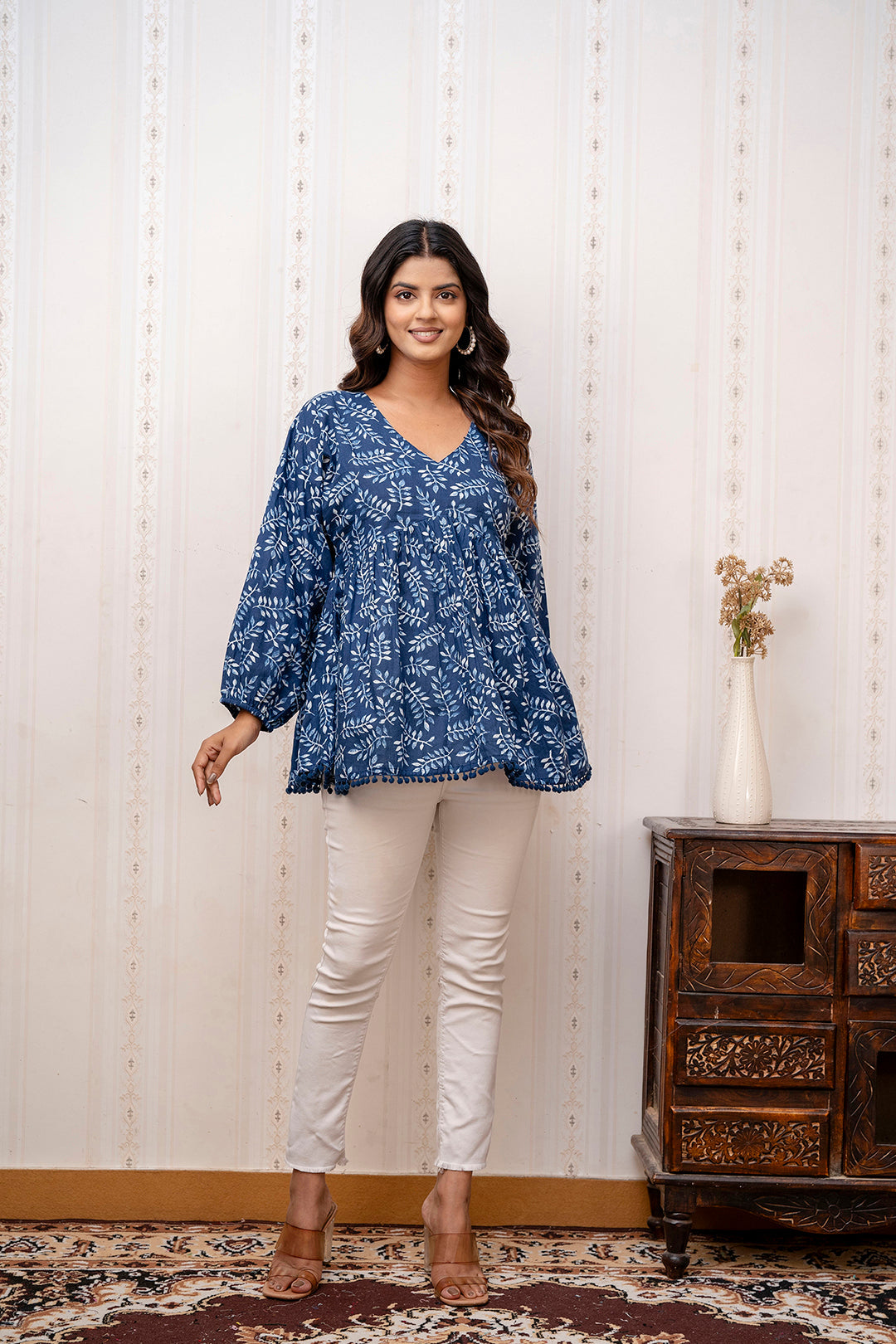 Women Navy Blue Printed V-Neck Peplum Tunic | LASVINI - Redefining Indian Fashion with Elegance