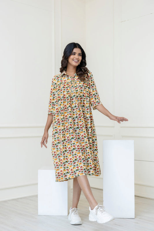 Women Multicolor Printed Flared Midi Dress | LASVINI - Redefining Indian Fashion with Elegance