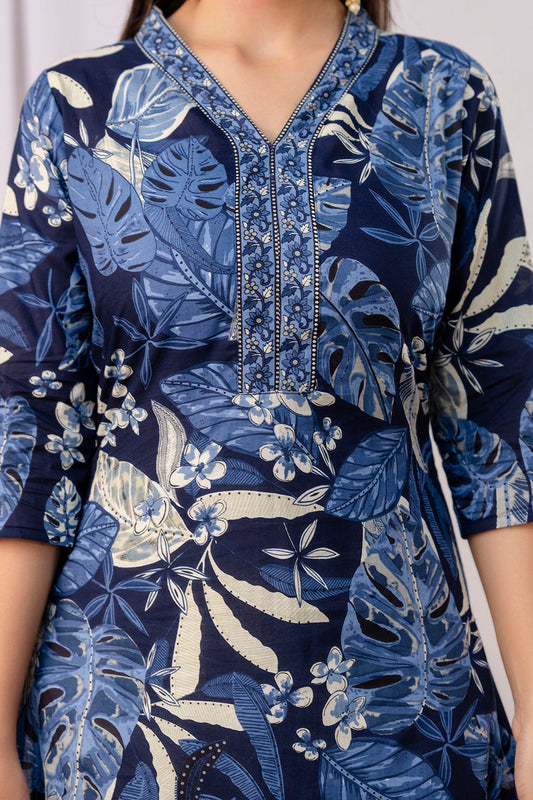 Women Blue Printed Straight Kurta with Three Quarter Sleeves | LASVINI - Redefining Indian Fashion with Elegance