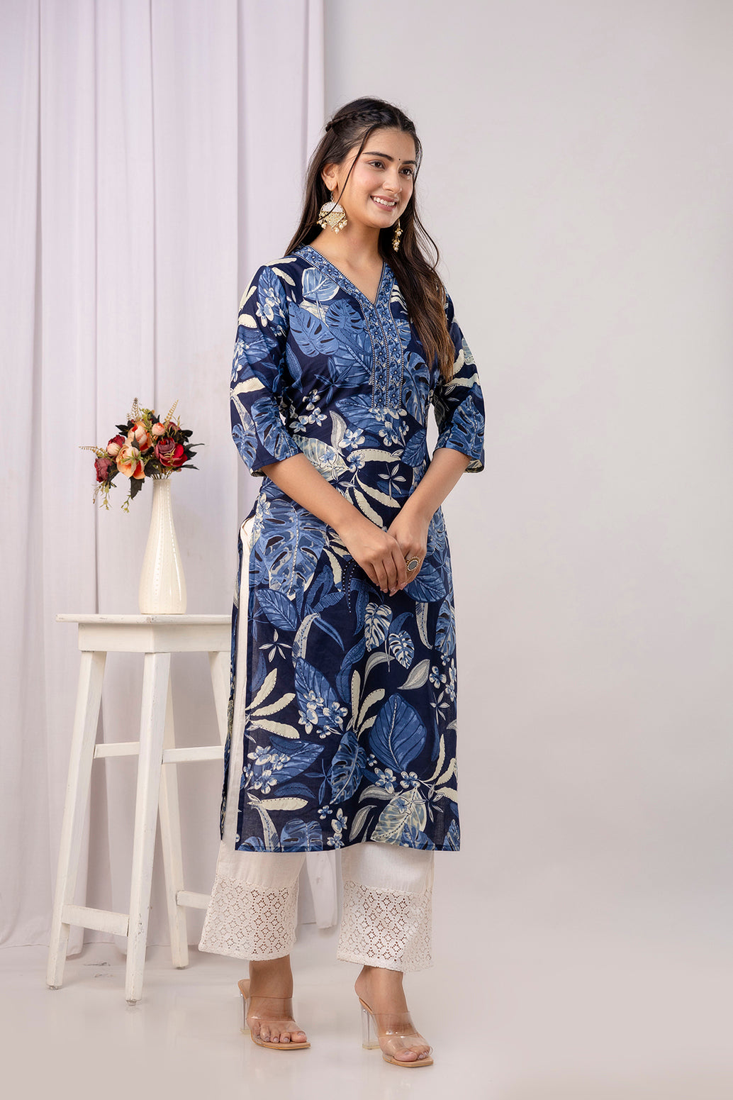 Women Blue Printed Straight Kurta with Three Quarter Sleeves | LASVINI - Redefining Indian Fashion with Elegance