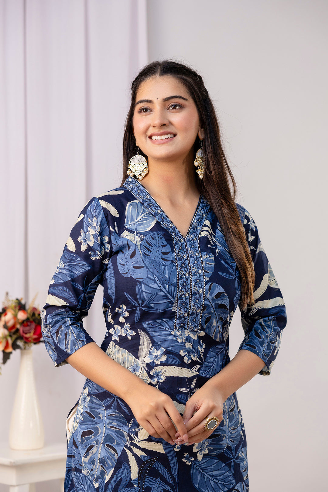 Women Blue Printed Straight Kurta with Three Quarter Sleeves | LASVINI - Redefining Indian Fashion with Elegance
