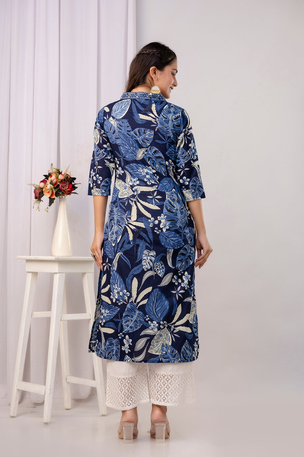 Women Blue Printed Straight Kurta with Three Quarter Sleeves | LASVINI - Redefining Indian Fashion with Elegance