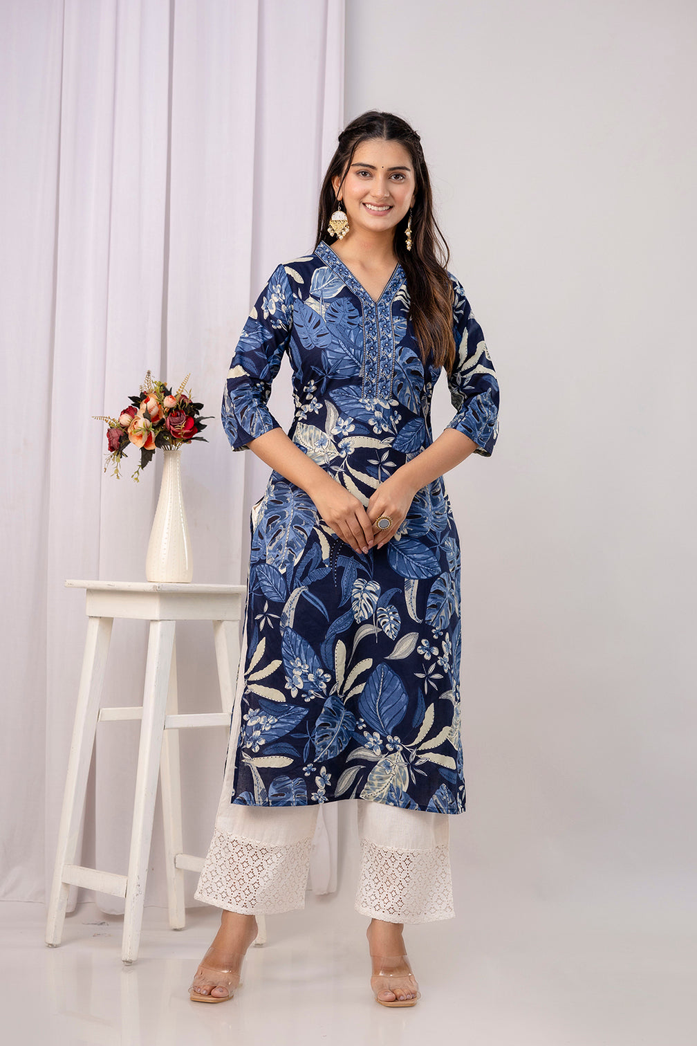 Women Blue Printed Straight Kurta with Three Quarter Sleeves | LASVINI - Redefining Indian Fashion with Elegance