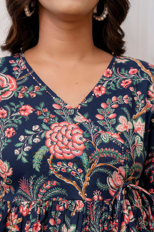 Women Navy Blue Printed V-Neck Peplum Tunic | LASVINI - Redefining Indian Fashion with Elegance