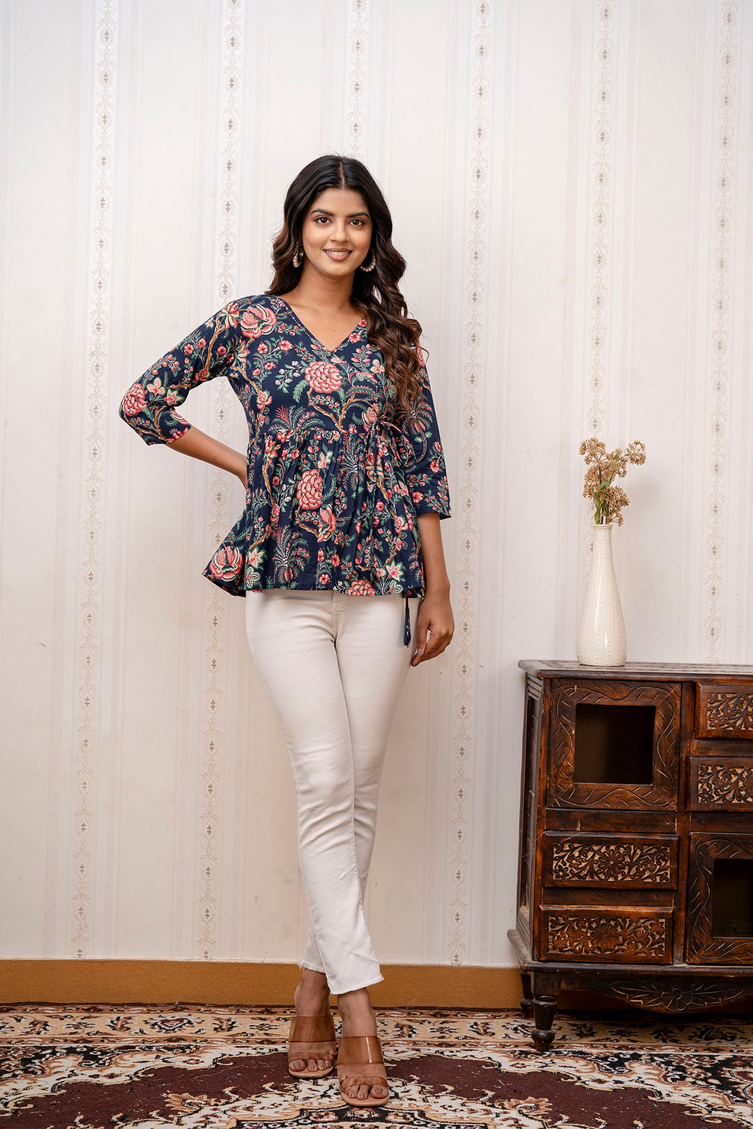 Women Navy Blue Printed V-Neck Peplum Tunic | LASVINI - Redefining Indian Fashion with Elegance