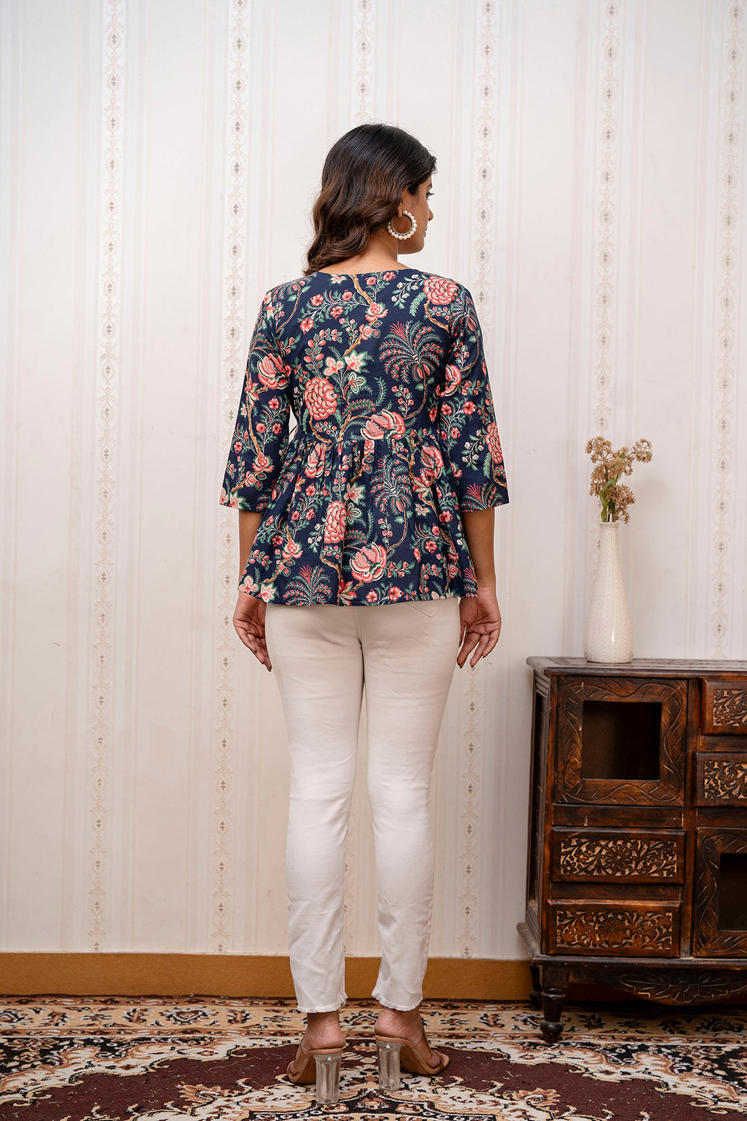 Women Navy Blue Printed V-Neck Peplum Tunic | LASVINI - Redefining Indian Fashion with Elegance