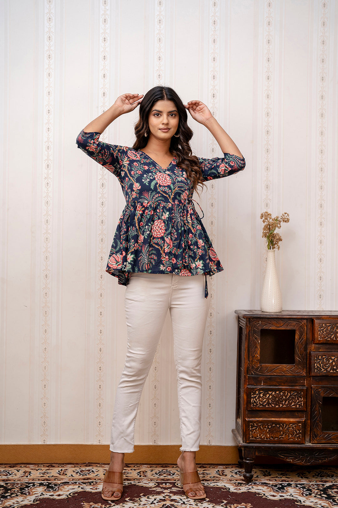 Women Navy Blue Printed V-Neck Peplum Tunic | LASVINI - Redefining Indian Fashion with Elegance
