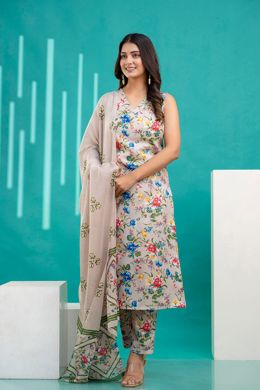 Women Beige Printed Kurta With Trouser and Dupatta | LASVINI - Redefining Indian Fashion with Elegance