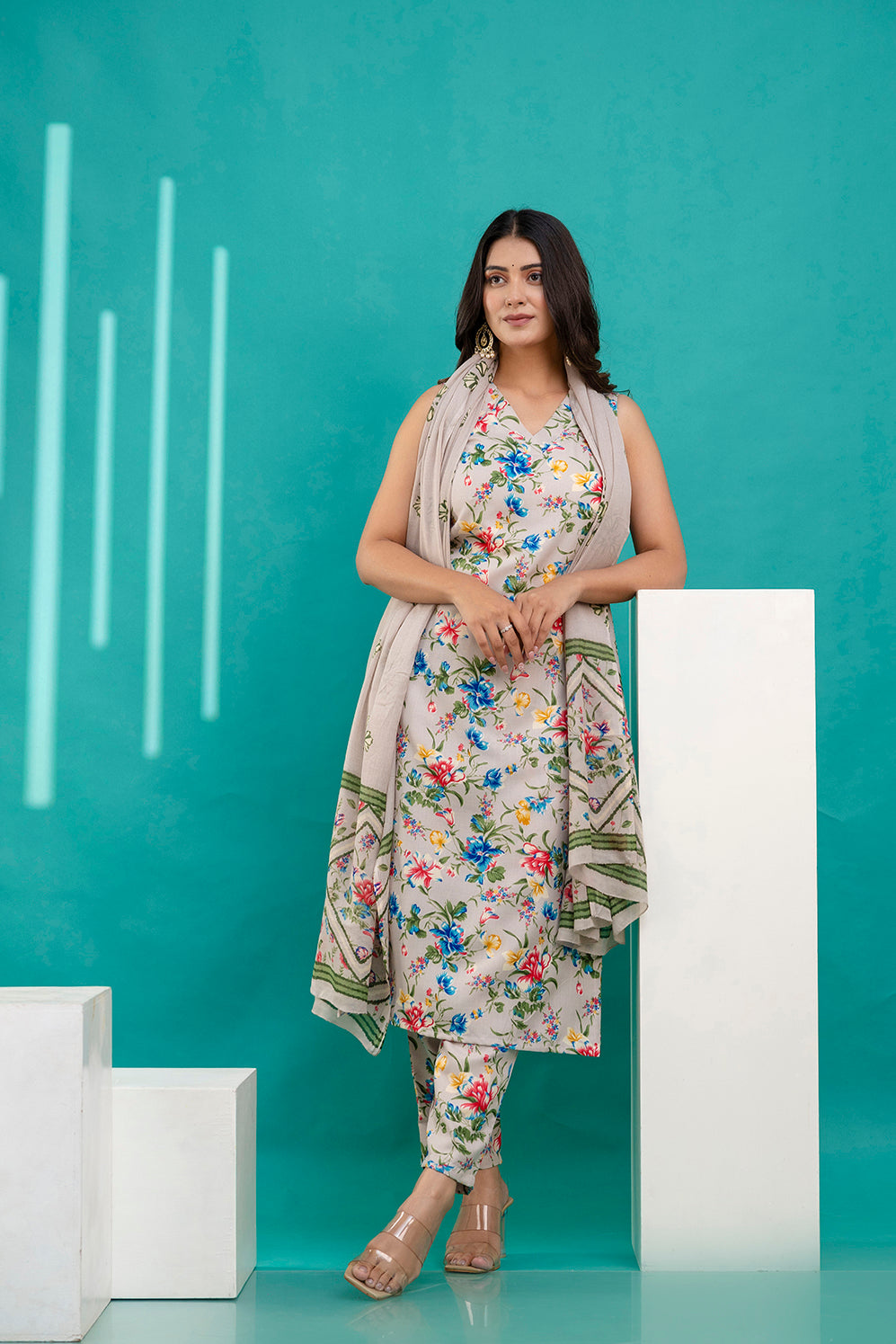 Women Beige Printed Kurta With Trouser and Dupatta | LASVINI - Redefining Indian Fashion with Elegance