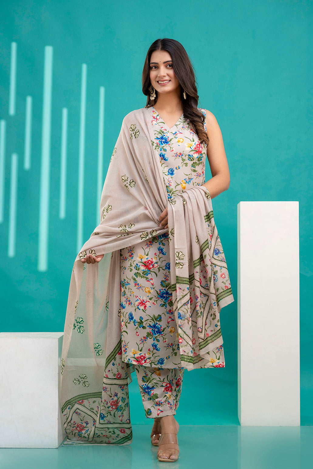 Women Beige Printed Kurta With Trouser and Dupatta | LASVINI - Redefining Indian Fashion with Elegance