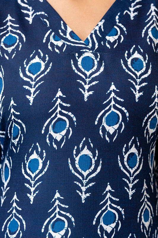 Women Navy Blue Printed Straight Kurta with Three Quarter Sleeves | LASVINI - Redefining Indian Fashion with Elegance