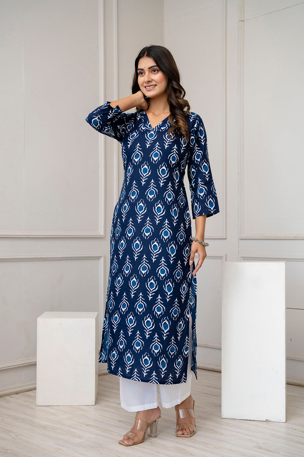 Women Navy Blue Printed Straight Kurta with Three Quarter Sleeves | LASVINI - Redefining Indian Fashion with Elegance