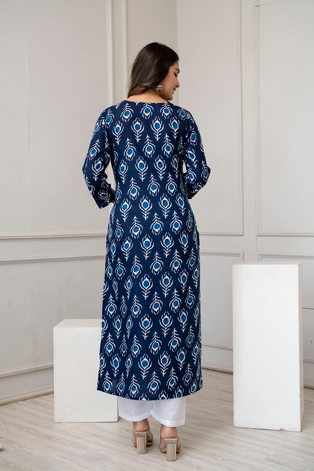 Women Navy Blue Printed Straight Kurta with Three Quarter Sleeves | LASVINI - Redefining Indian Fashion with Elegance