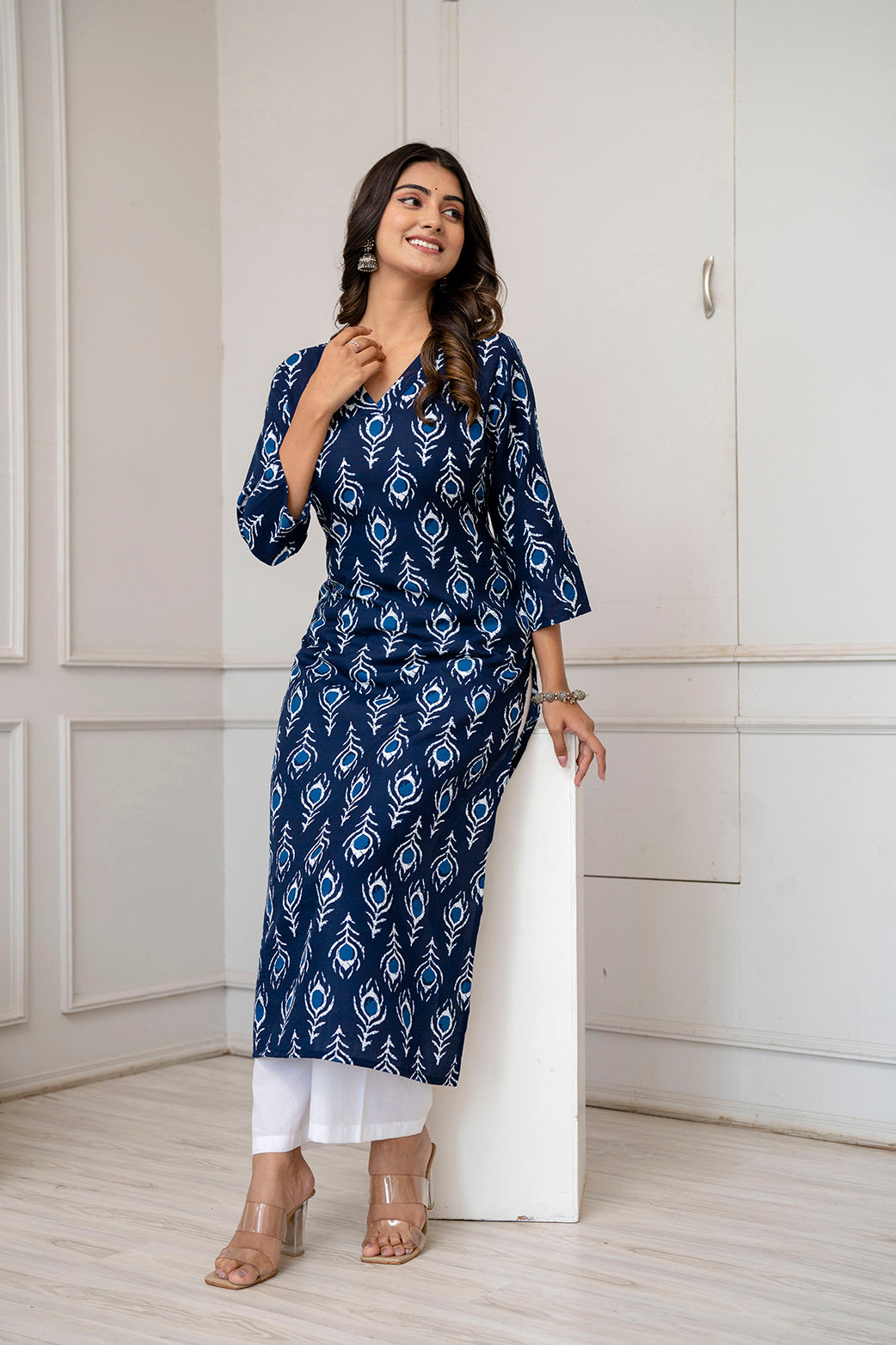 Women Navy Blue Printed Straight Kurta with Three Quarter Sleeves | LASVINI - Redefining Indian Fashion with Elegance