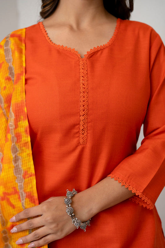 Orange Straight Kurta Set With Printed Dupatta for Women | LASVINI - Redefining Indian Fashion with Elegance