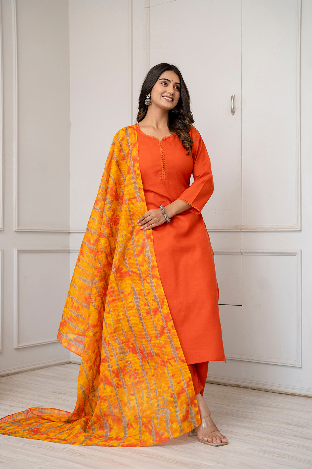 Orange Straight Kurta Set With Printed Dupatta for Women | LASVINI - Redefining Indian Fashion with Elegance