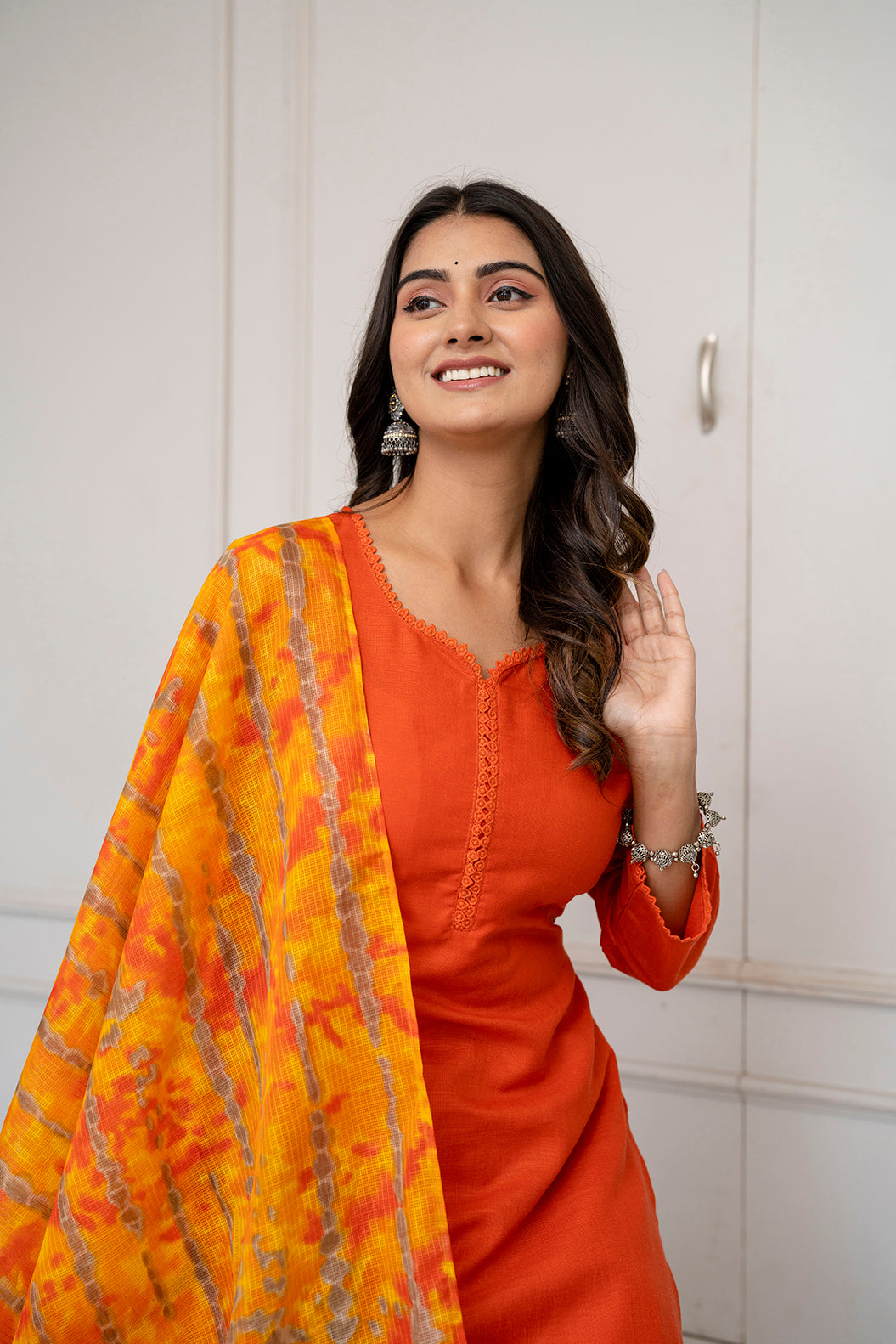 Orange Straight Kurta Set With Printed Dupatta for Women | LASVINI - Redefining Indian Fashion with Elegance