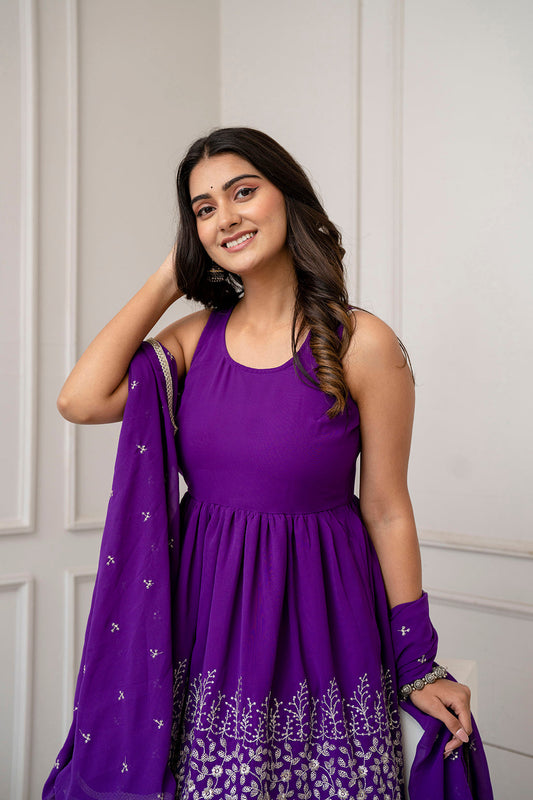 Purple Embroidered Kurti and Sharara Set With Dupatta | LASVINI - Redefining Indian Fashion with Elegance