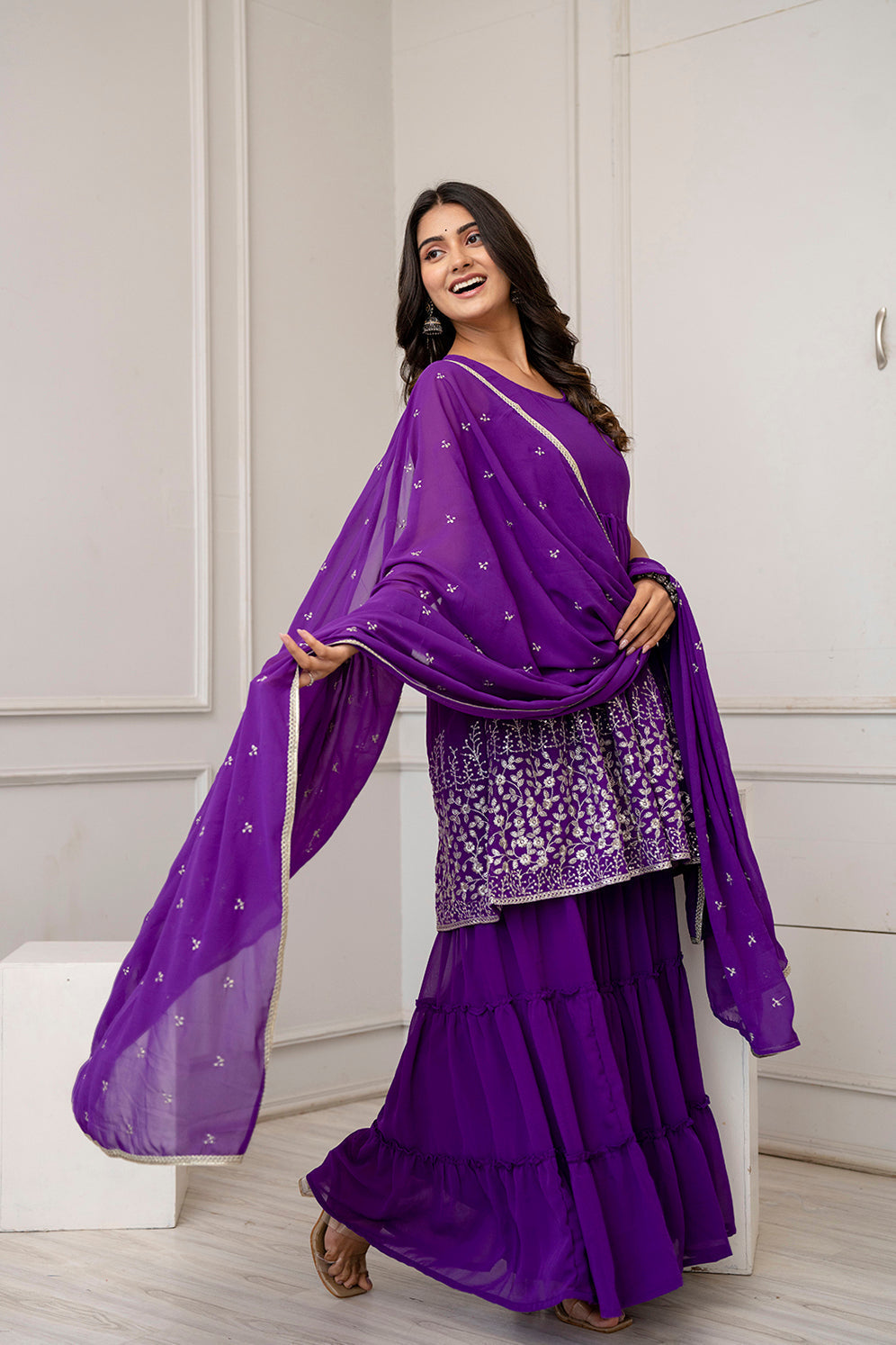 Purple Embroidered Kurti and Sharara Set With Dupatta | LASVINI - Redefining Indian Fashion with Elegance
