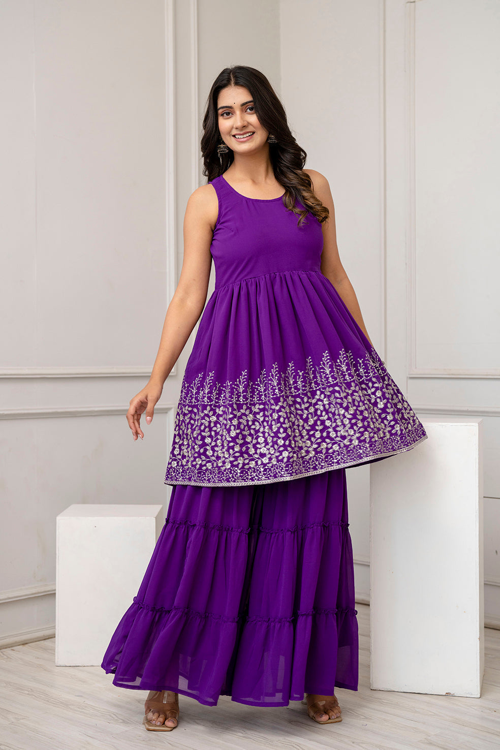 Purple Embroidered Kurti and Sharara Set With Dupatta | LASVINI - Redefining Indian Fashion with Elegance