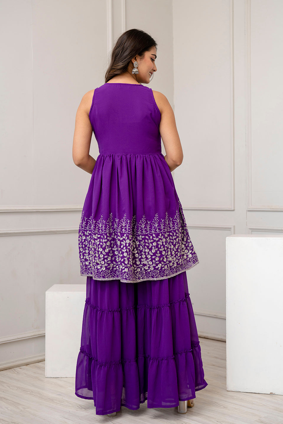 Purple Embroidered Kurti and Sharara Set With Dupatta | LASVINI - Redefining Indian Fashion with Elegance